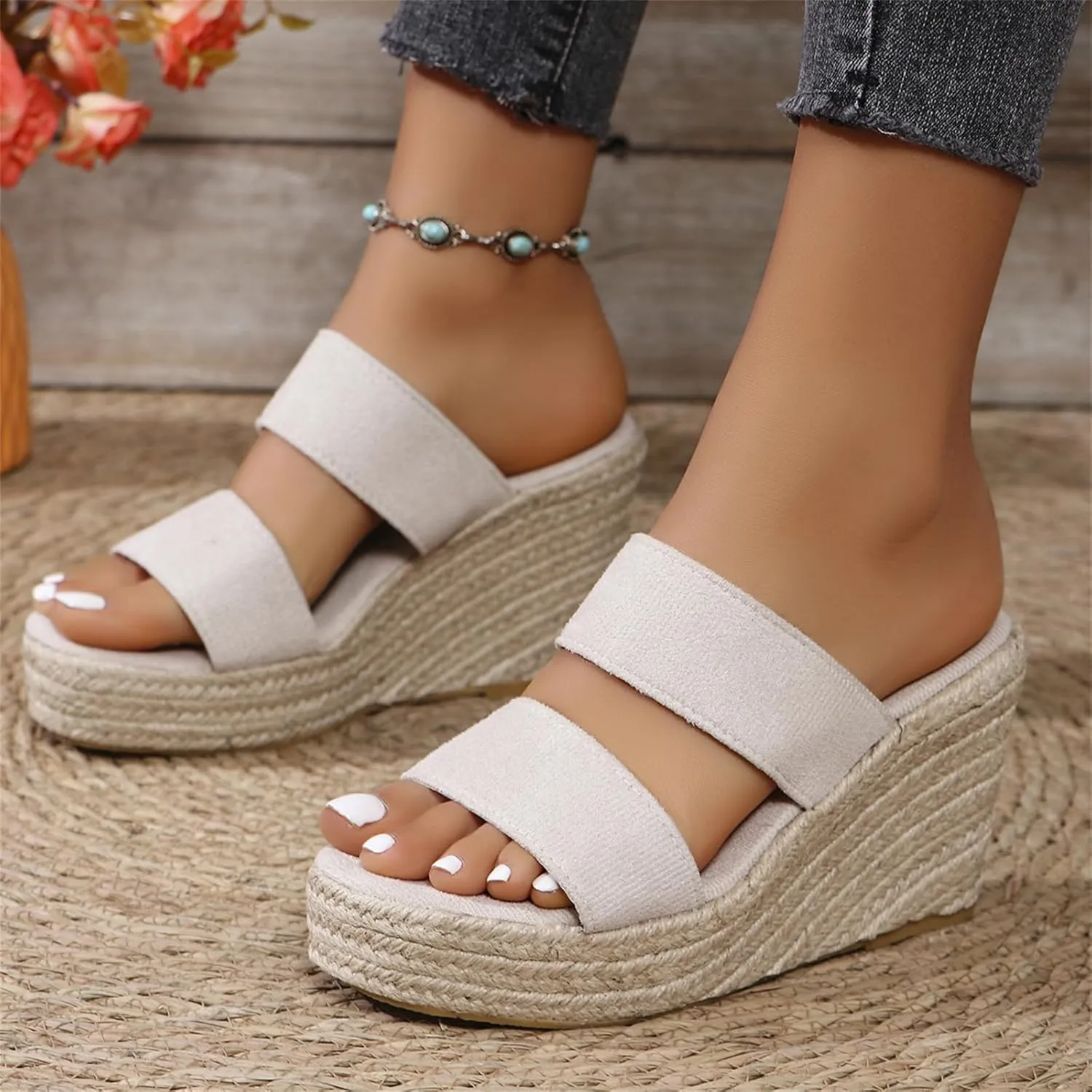 Womens Platform Espadrilles Slip On Wedge Sandals Casual Summer Open Toe Slippers High Heel Wedges Shoe Mules