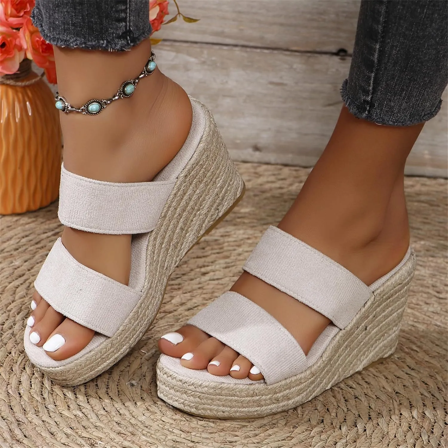 Womens Platform Espadrilles Slip On Wedge Sandals Casual Summer Open Toe Slippers High Heel Wedges Shoe Mules