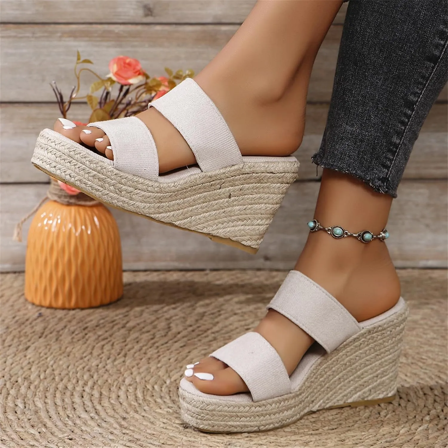 Womens Platform Espadrilles Slip On Wedge Sandals Casual Summer Open Toe Slippers High Heel Wedges Shoe Mules