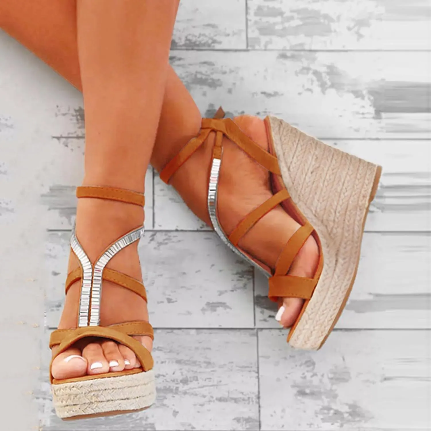 Womens Platform Sandals Women's Elastic Ankle Strap Espadrilles Summer Low Wedges Womens Comfortable Open Toe Sandal