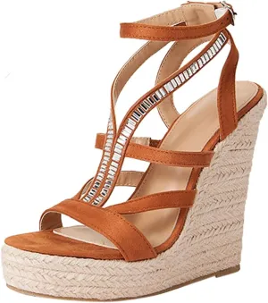 Womens Platform Sandals Women's Elastic Ankle Strap Espadrilles Summer Low Wedges Womens Comfortable Open Toe Sandal
