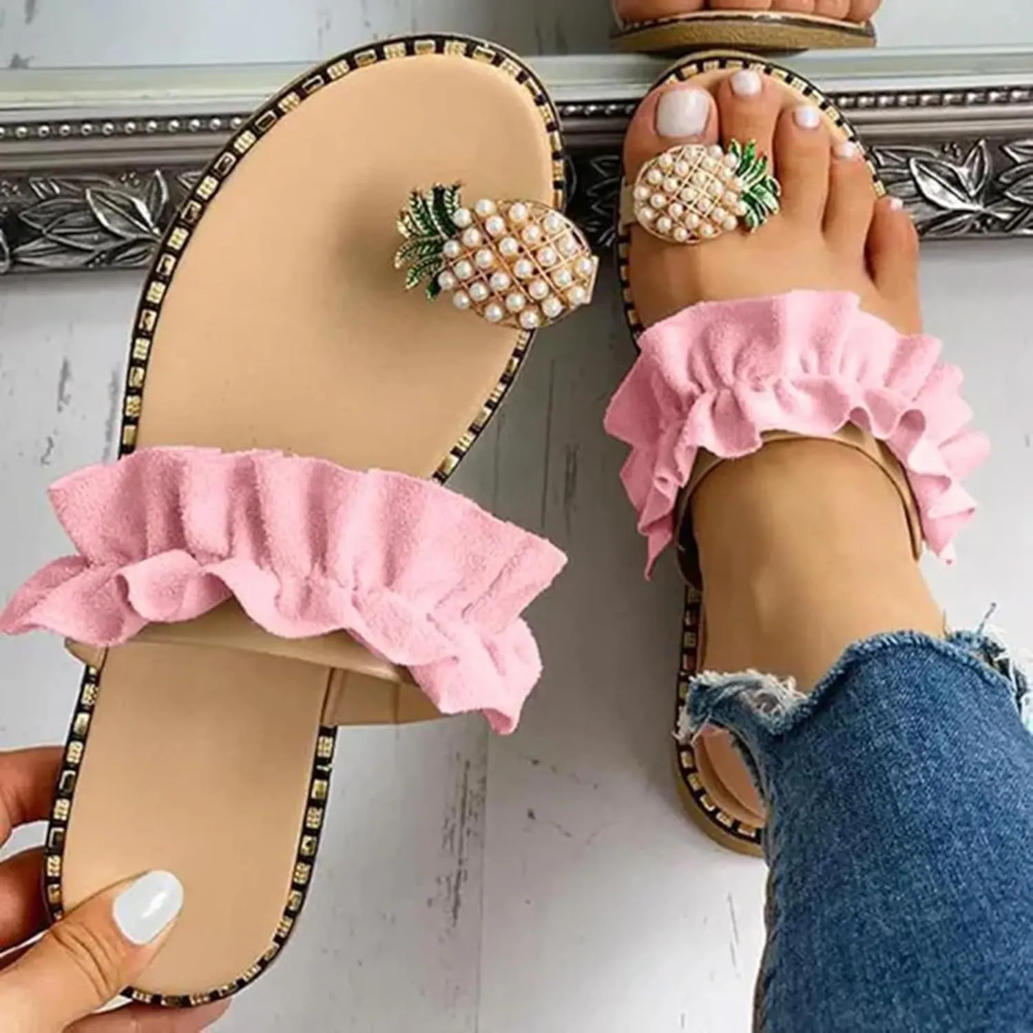 Womens Sandals Dressy Tropical Fruit Rhinestone Orthopedic Sandals For Women Slip On Flats Beach Flat Flip Flips