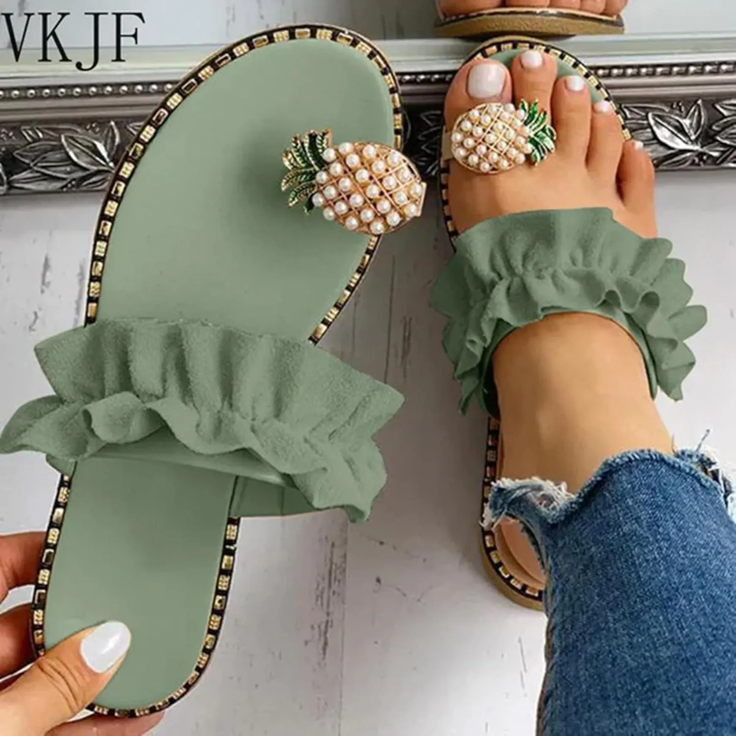 Womens Sandals Dressy Tropical Fruit Rhinestone Orthopedic Sandals For Women Slip On Flats Beach Flat Flip Flips
