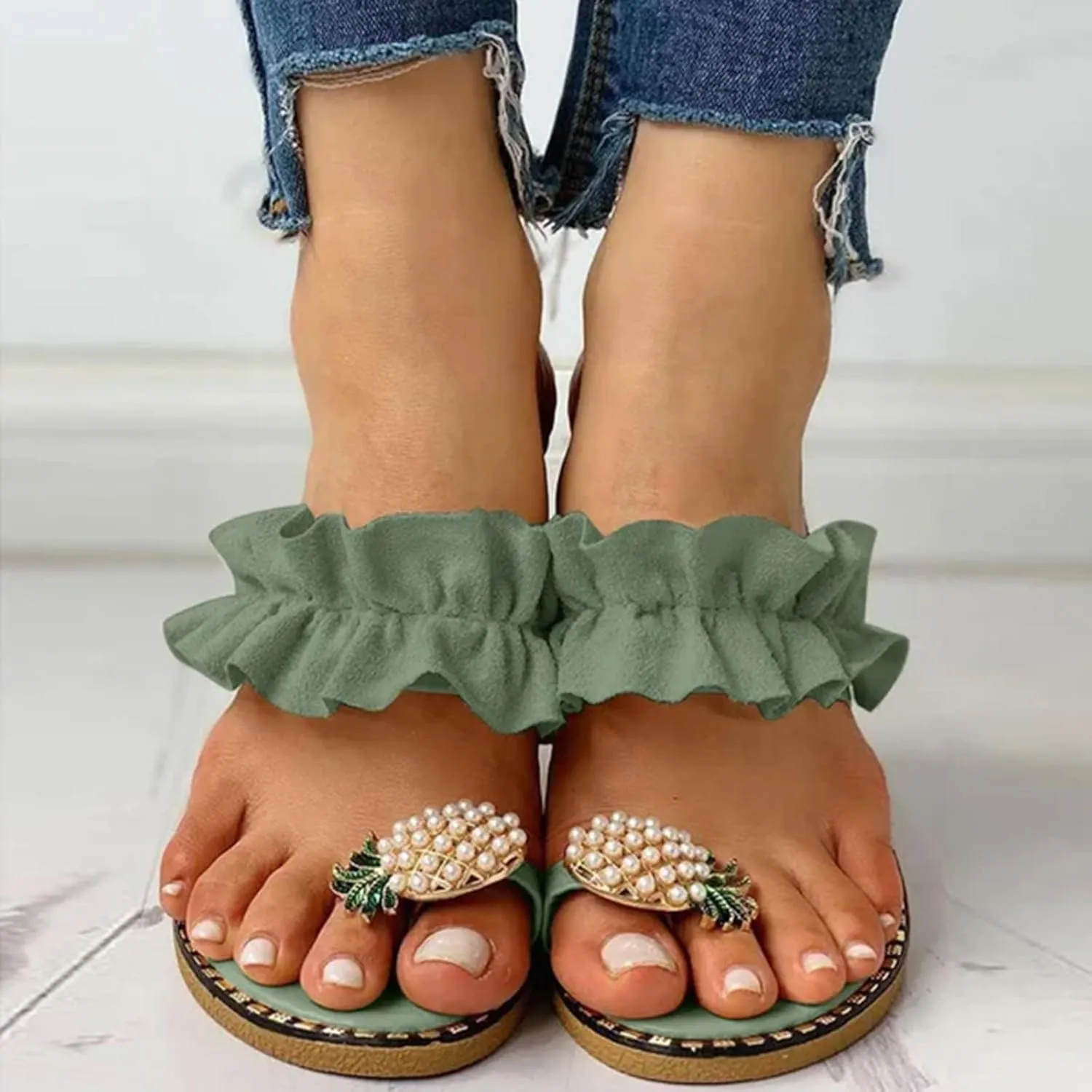 Womens Sandals Dressy Tropical Fruit Rhinestone Orthopedic Sandals For Women Slip On Flats Beach Flat Flip Flips
