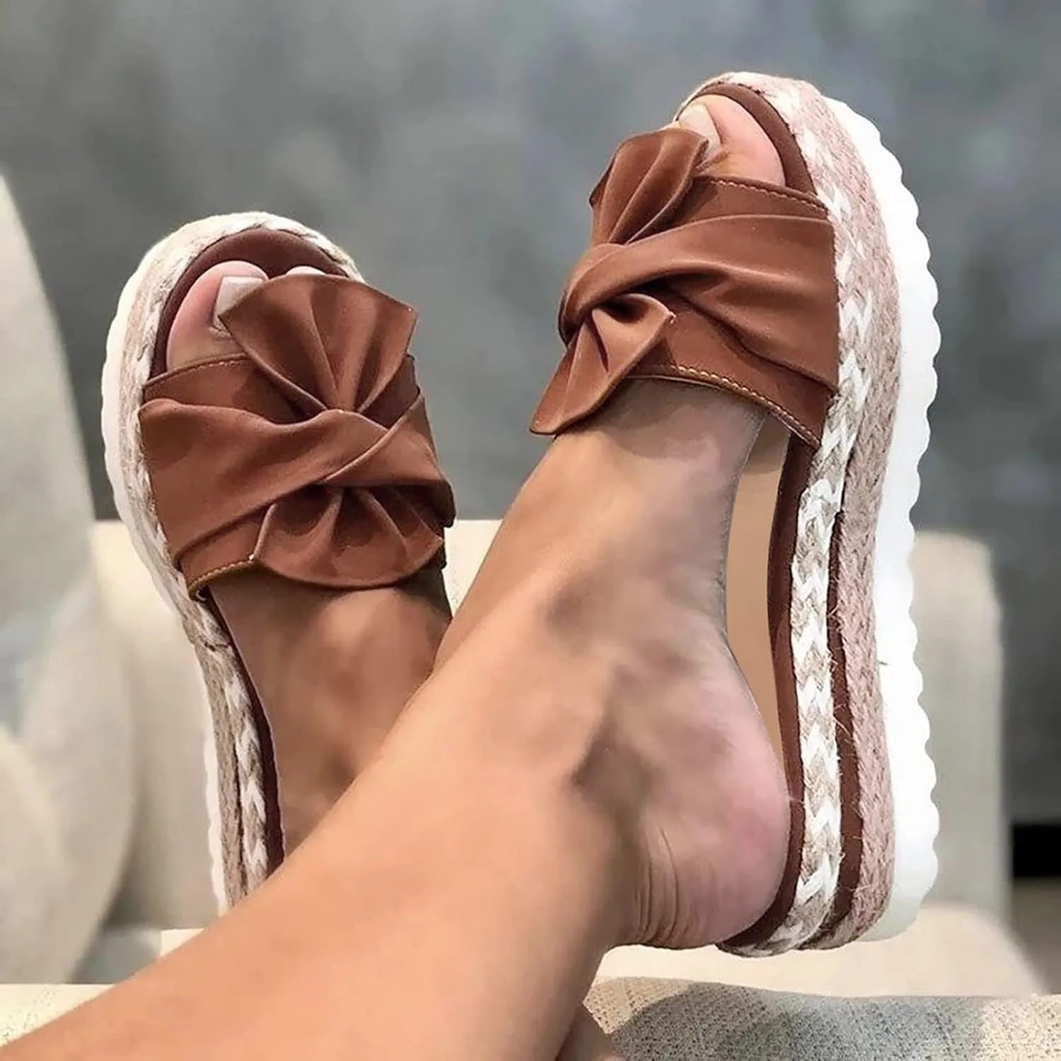 Womens Sandals Open Toe Platform Espadrille Sandals Slip on Women Casual Dressy Breathable Lightweight Bow Knot Comfortable Platform Shoes for Summer