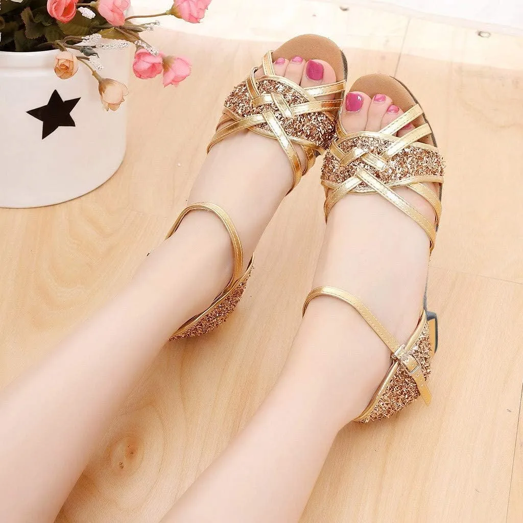 Women's Sandals White Block Heels Gold High Heels Women's Strappy Open Toe Ankle Buckle Heeled Sandals