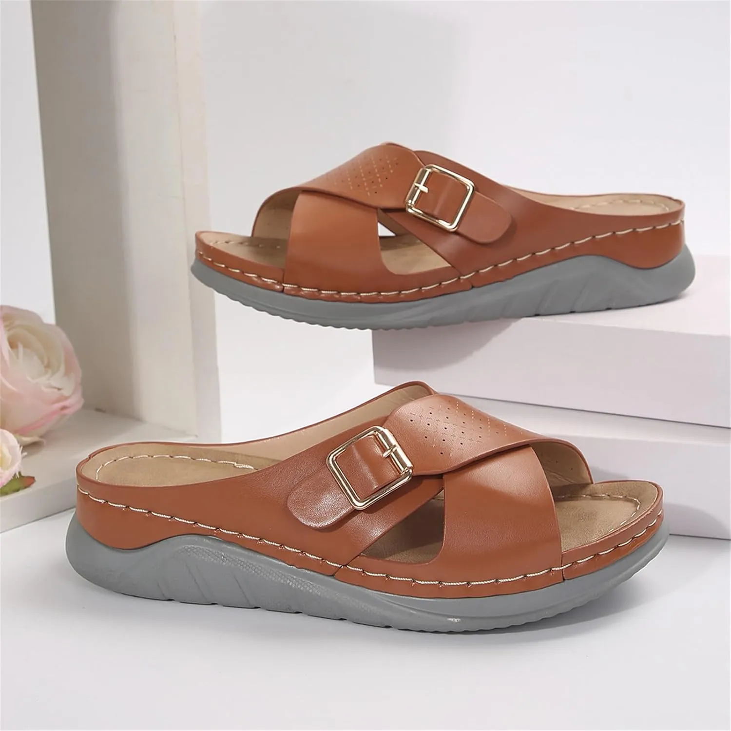 Womens Slide Sandals with Arch Support Dressy Summer Flat Arch Support Fashion Orthotic Slides for Plantar Fasciitis