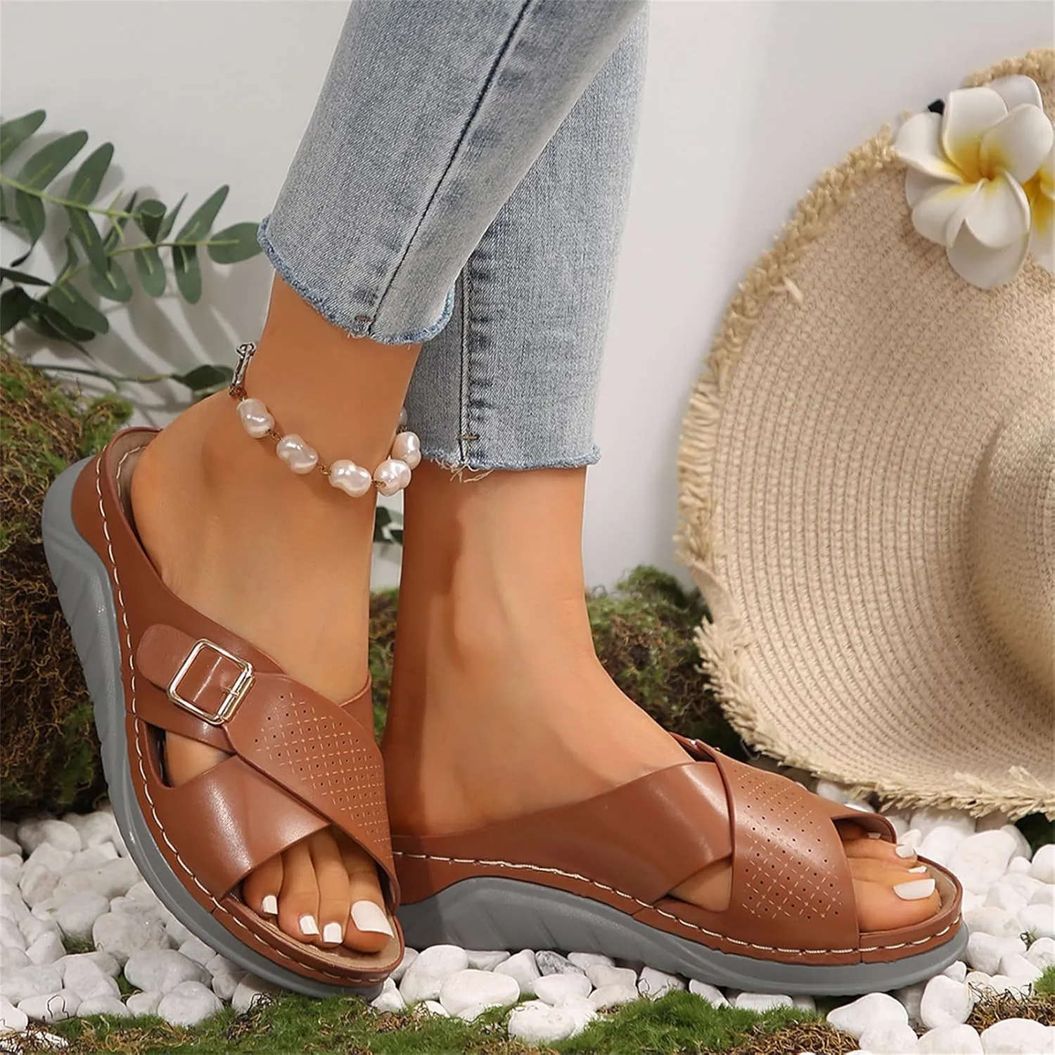 Womens Slide Sandals with Arch Support Dressy Summer Flat Arch Support Fashion Orthotic Slides for Plantar Fasciitis
