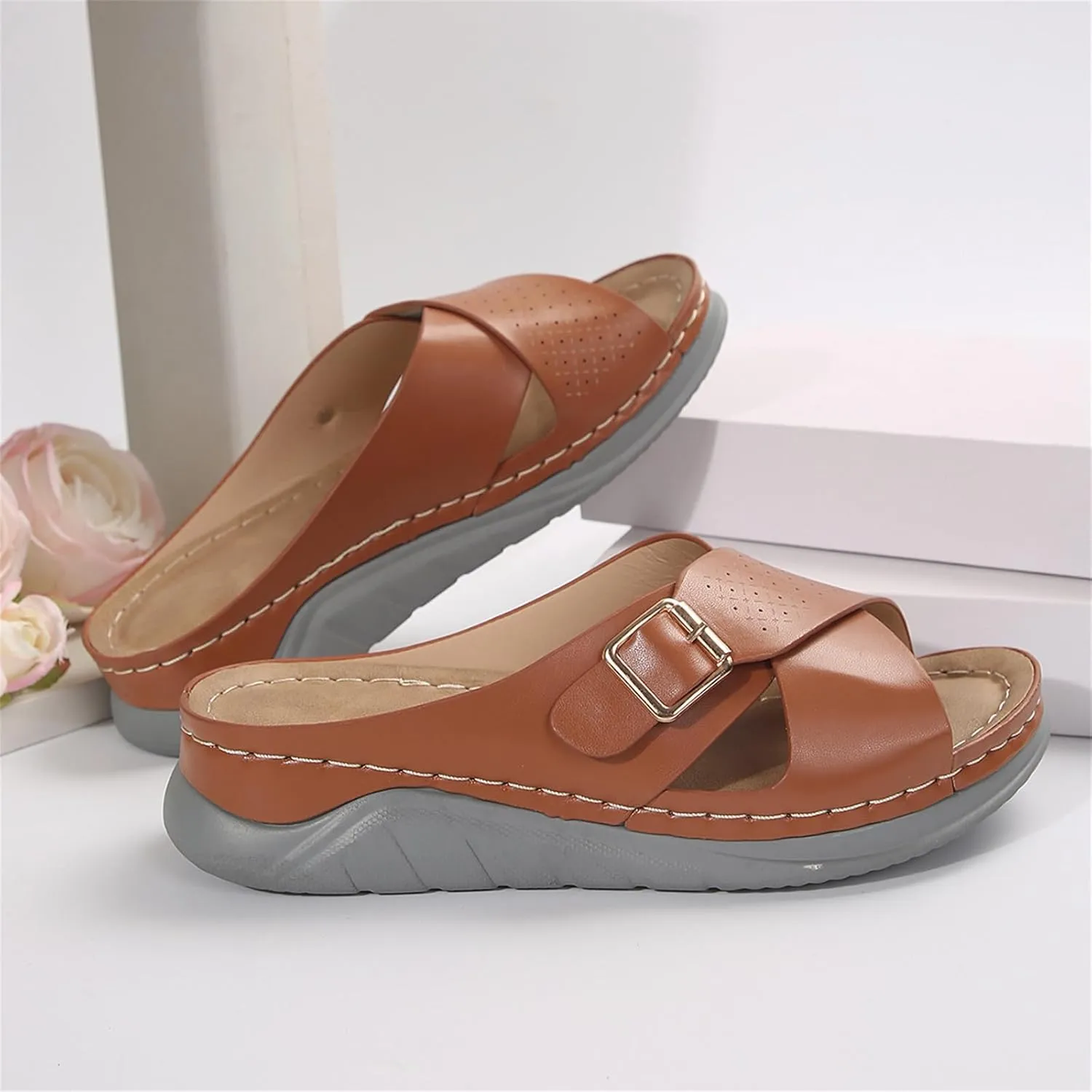 Womens Slide Sandals with Arch Support Dressy Summer Flat Arch Support Fashion Orthotic Slides for Plantar Fasciitis