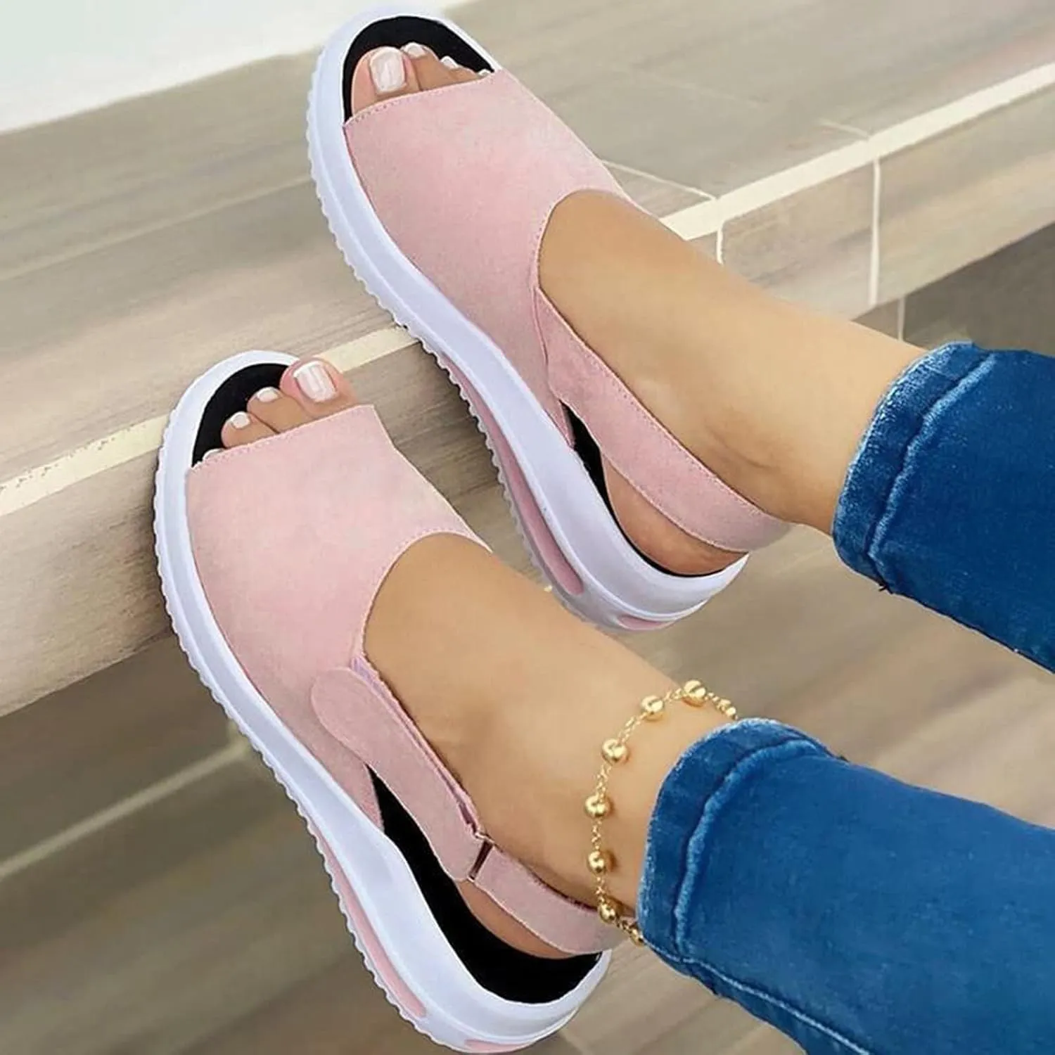 Womens Slingback Summer Sandals Open Toe Ankle Strap Wedge Hook Loop Non Slip Platform Comfy Casual Flat Heel for Beach Wear