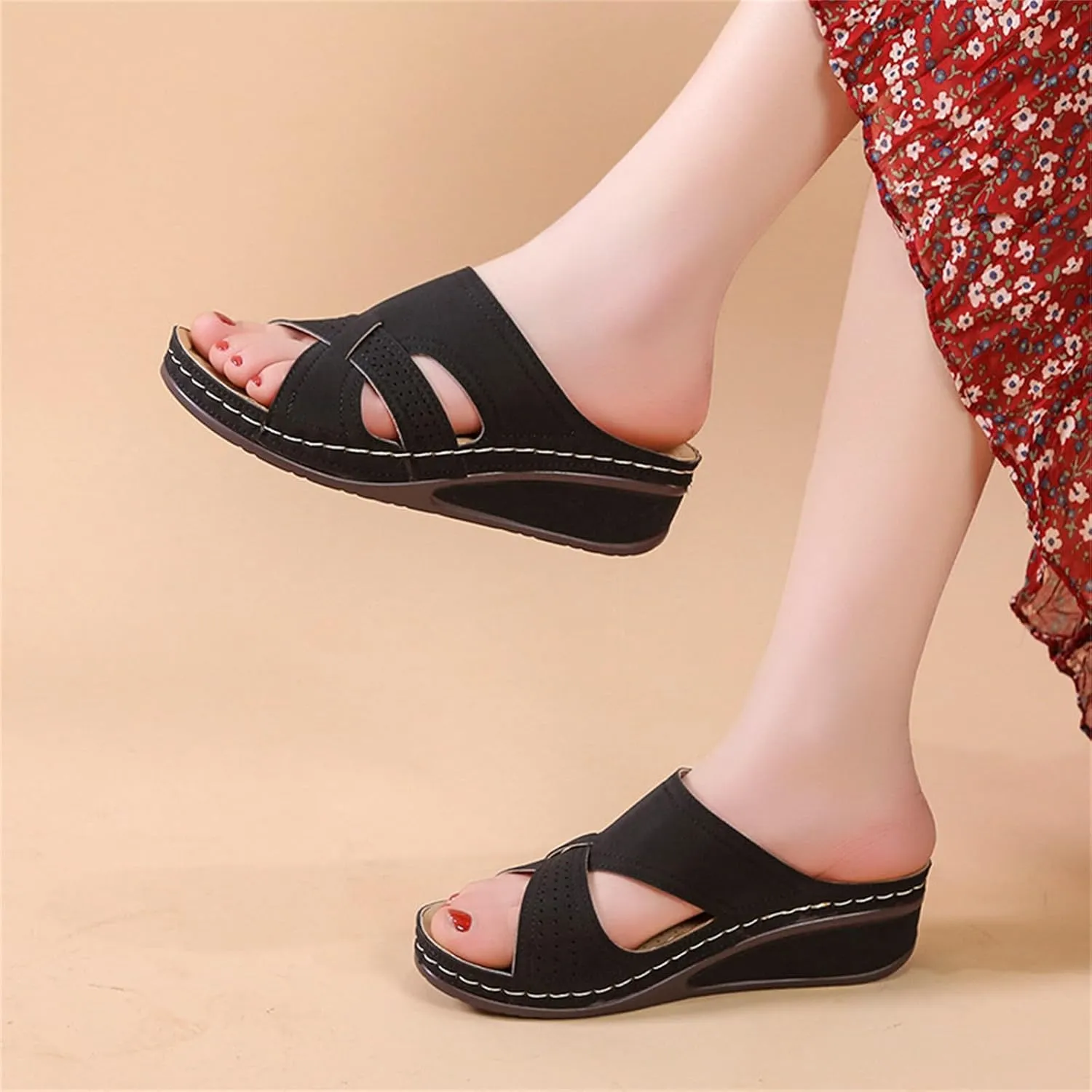 Women's Wedge Sandals Summer Arch Support Slip On Flat Slides Open Toe Dressy Platform Sandal Shoes