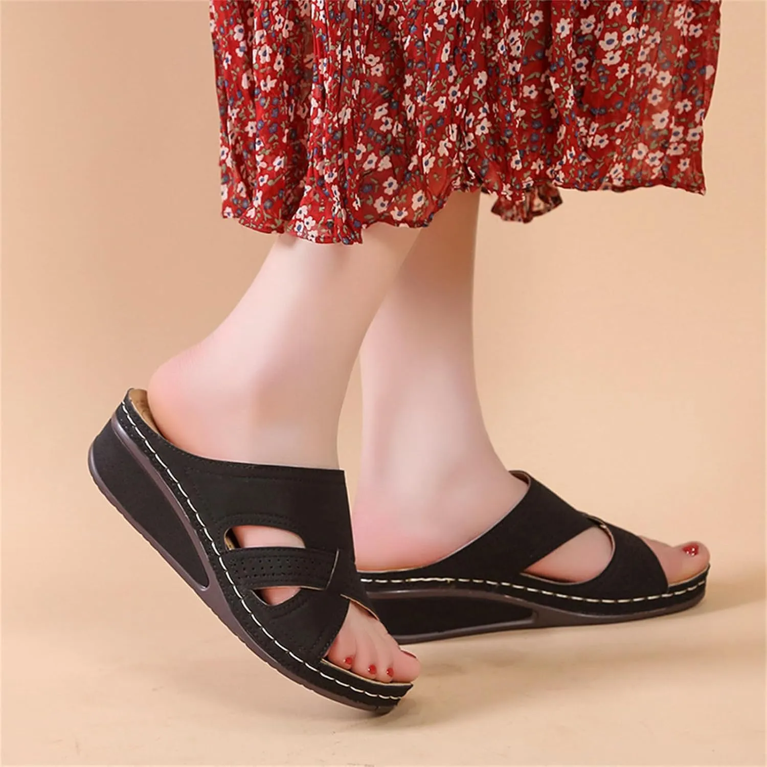 Women's Wedge Sandals Summer Arch Support Slip On Flat Slides Open Toe Dressy Platform Sandal Shoes
