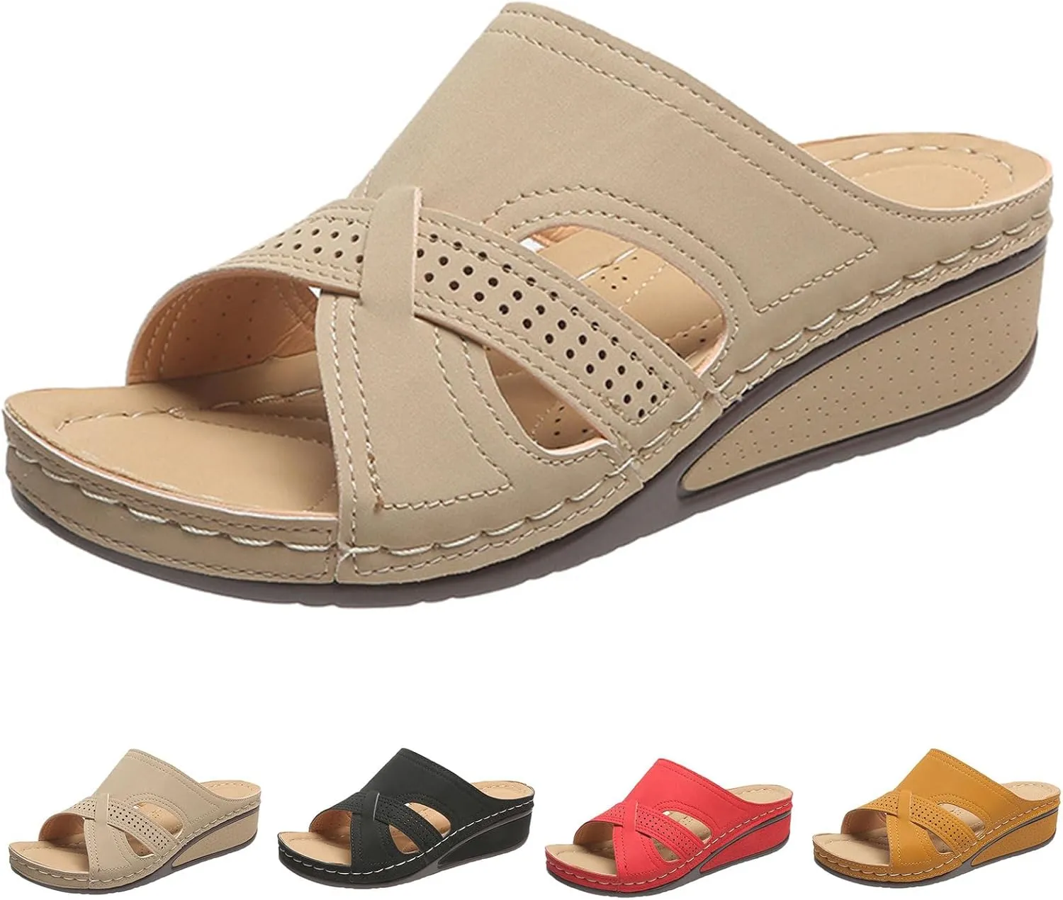 Women's Wedge Sandals Summer Arch Support Slip On Flat Slides Open Toe Dressy Platform Sandal Shoes