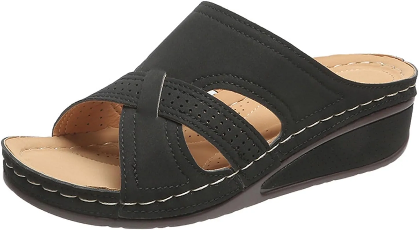 Women's Wedge Sandals Summer Arch Support Slip On Flat Slides Open Toe Dressy Platform Sandal Shoes