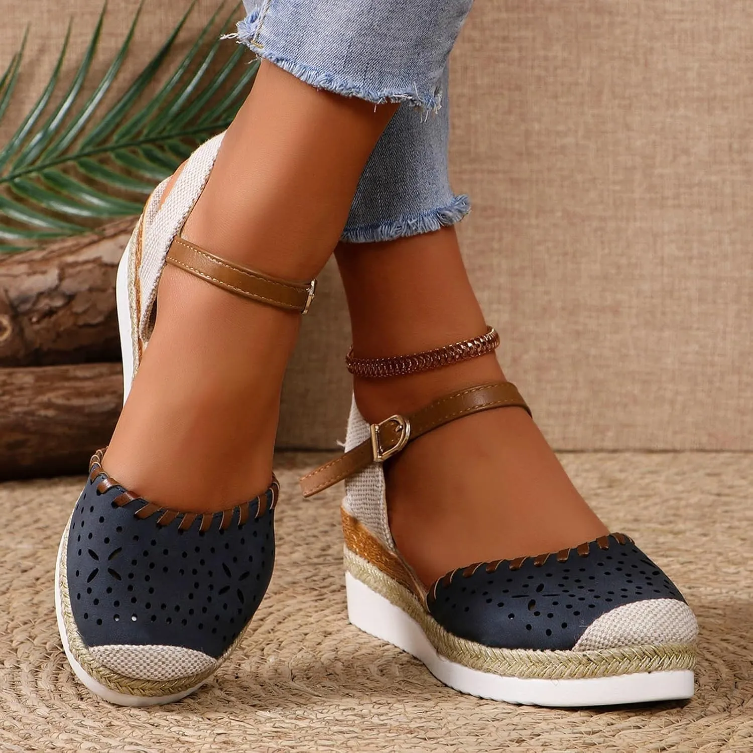 ZWRXW Closed Toe Sandals Women Arch Support Orthopedic Platform Wedge Sandals Buckle Ankle Strap Walking Sandal Boho Elegant Dressy Summer Shoes