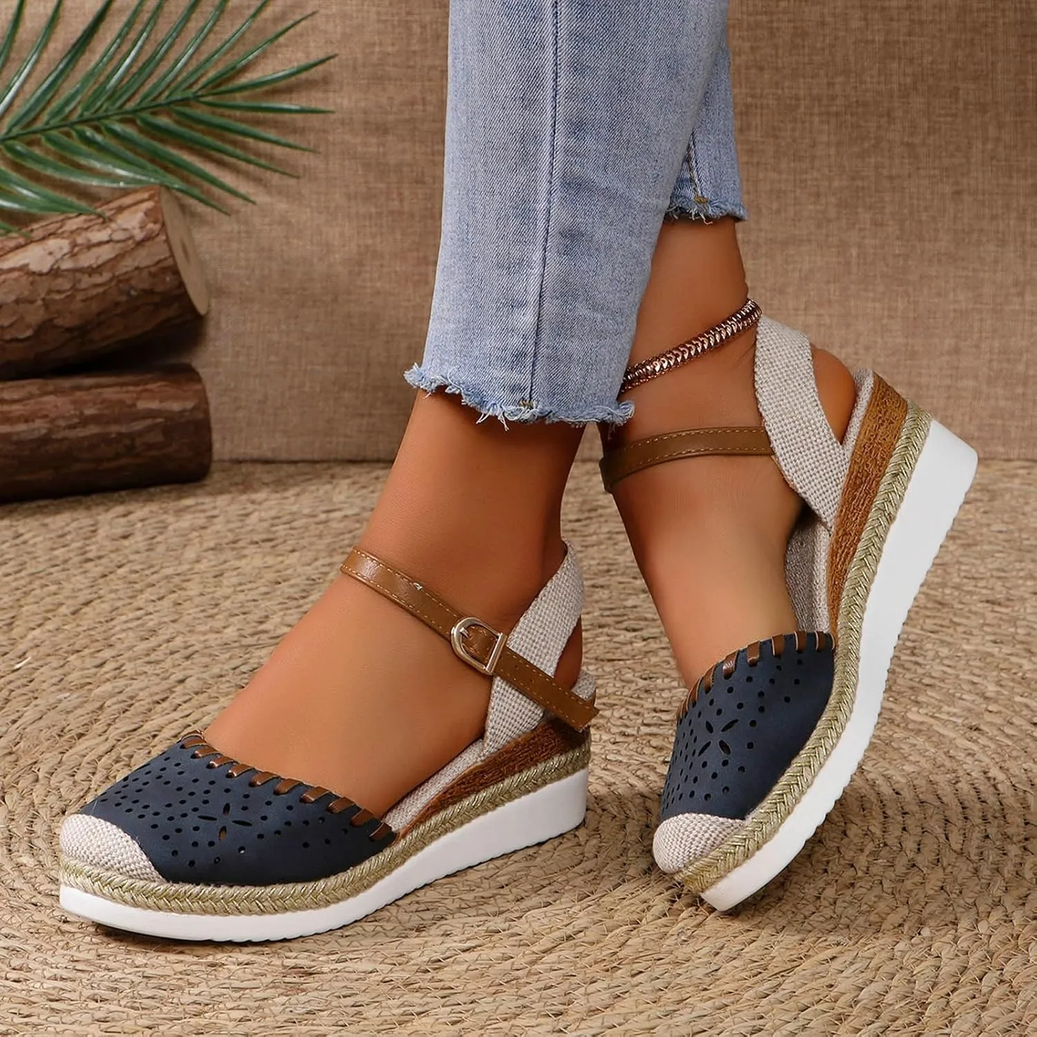ZWRXW Closed Toe Sandals Women Arch Support Orthopedic Platform Wedge Sandals Buckle Ankle Strap Walking Sandal Boho Elegant Dressy Summer Shoes