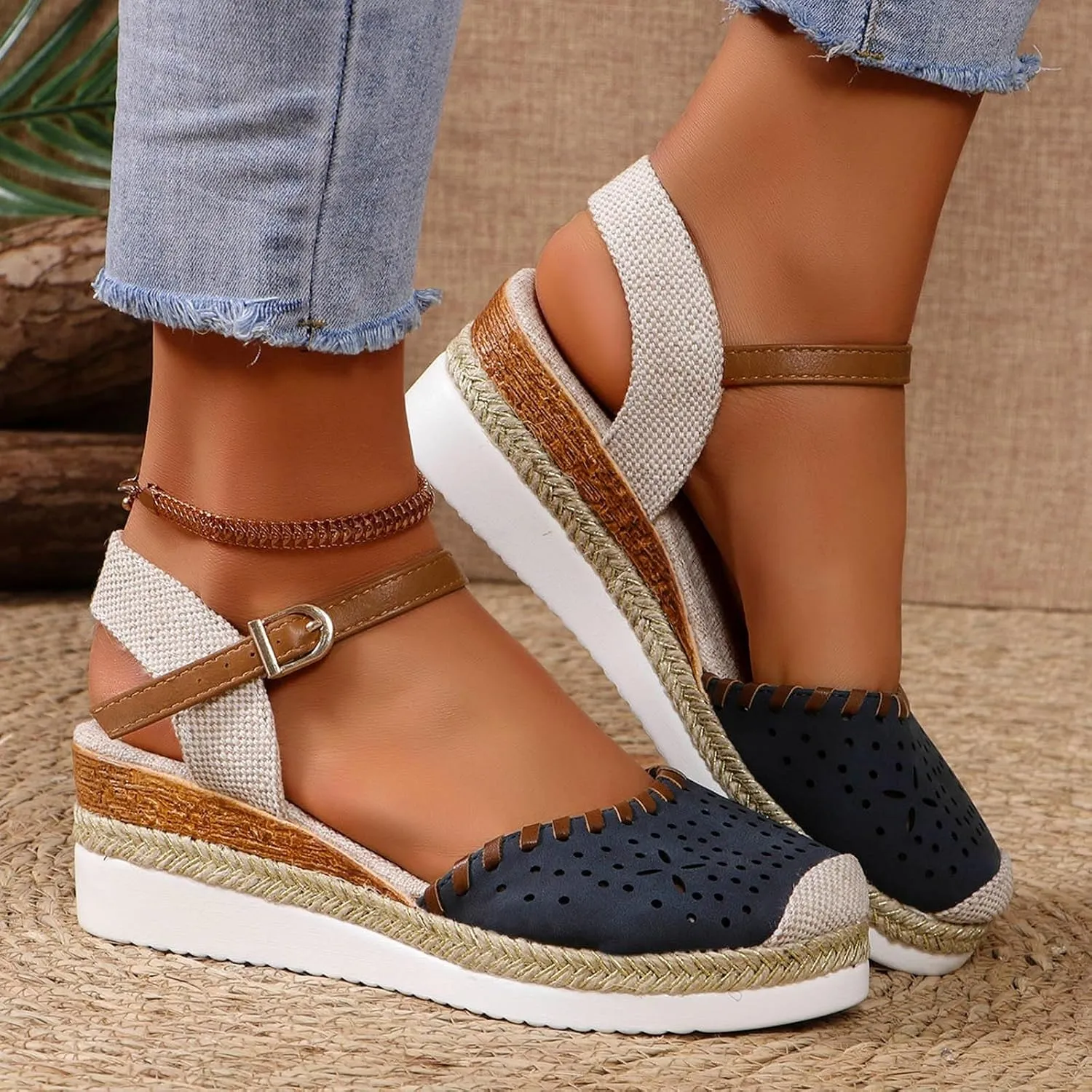 ZWRXW Closed Toe Sandals Women Arch Support Orthopedic Platform Wedge Sandals Buckle Ankle Strap Walking Sandal Boho Elegant Dressy Summer Shoes