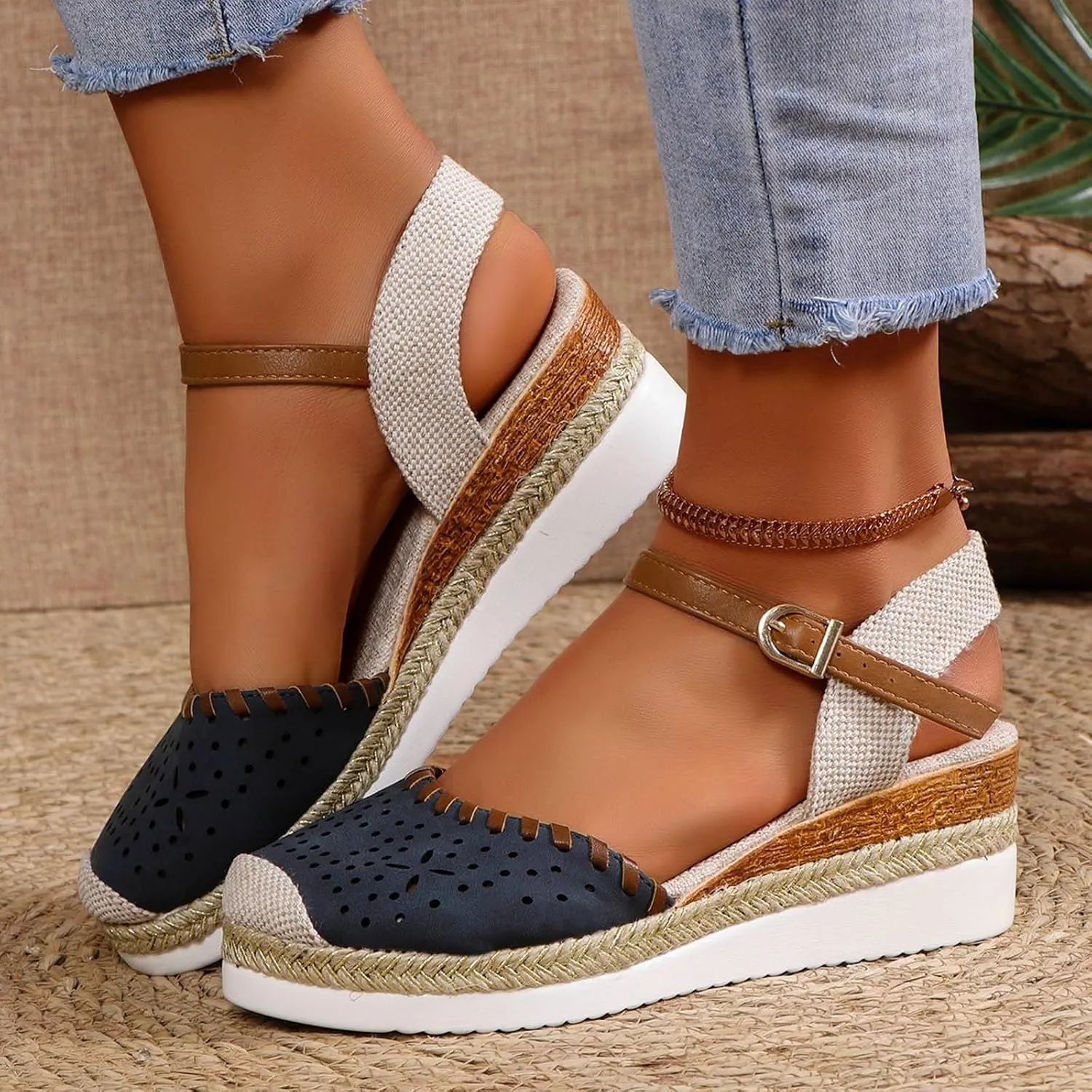 ZWRXW Closed Toe Sandals Women Arch Support Orthopedic Platform Wedge Sandals Buckle Ankle Strap Walking Sandal Boho Elegant Dressy Summer Shoes