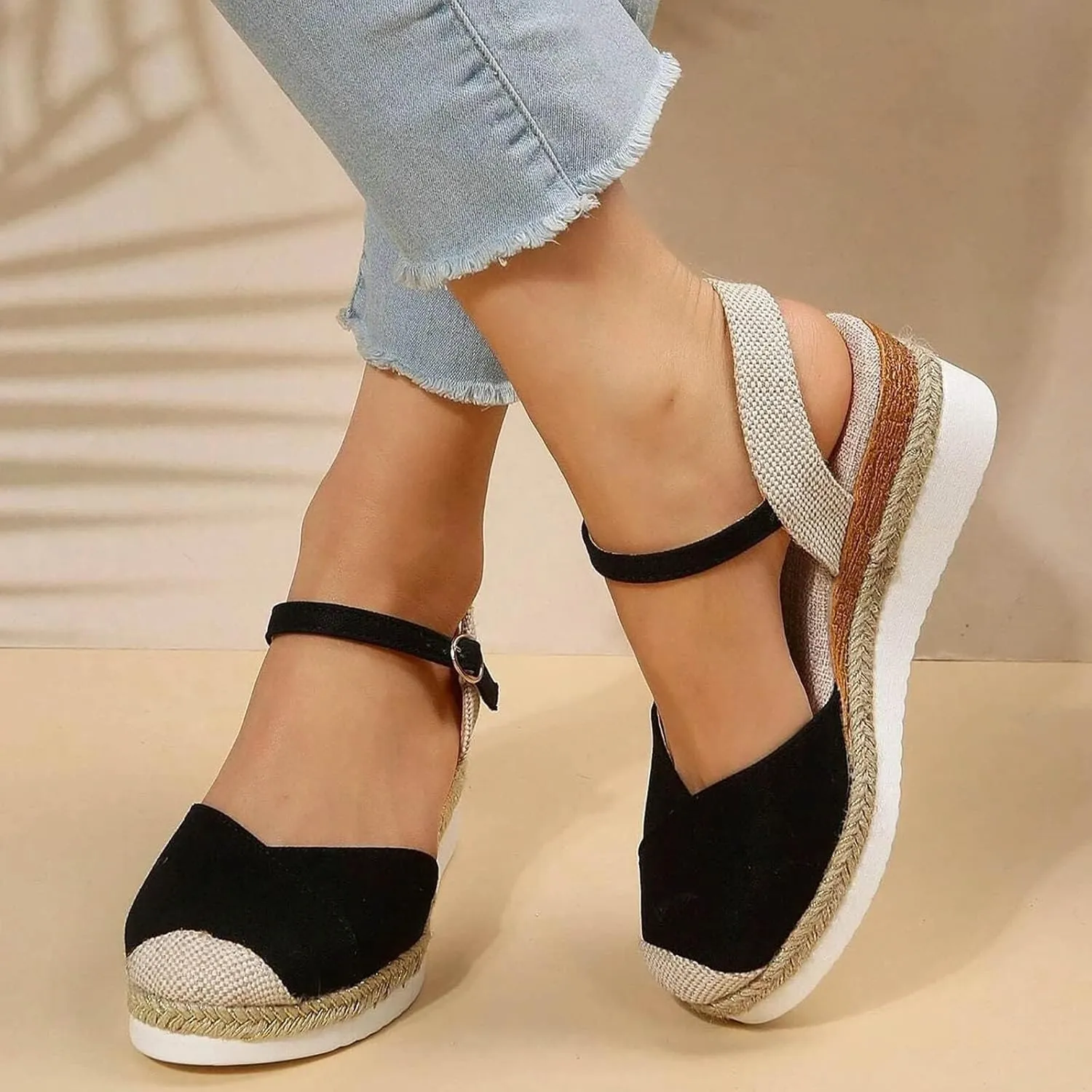 ZWRXW Orthopedic Platform Wedge Sandals for Women Arch Support Closed Toe Platform Sandals Dressy Summer Buckle Ankle Strap Espadrilles Wedge Sandals Comfortable Outdoor Shoes