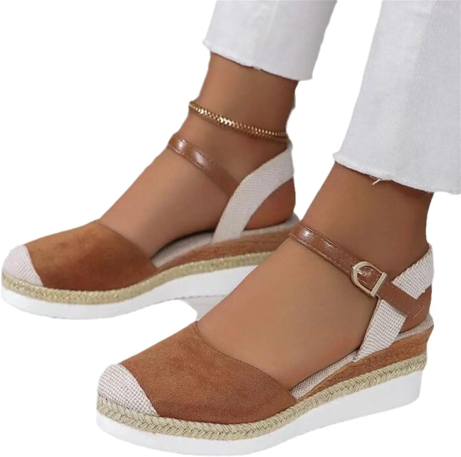 ZWRXW Orthopedic Platform Wedge Sandals for Women Arch Support Closed Toe Platform Sandals Dressy Summer Buckle Ankle Strap Espadrilles Wedge Sandals Comfortable Outdoor Shoes