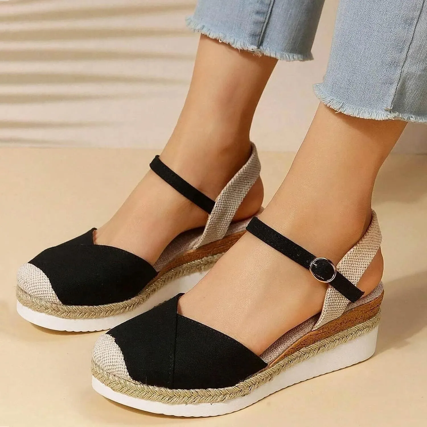 ZWRXW Orthopedic Platform Wedge Sandals for Women Arch Support Closed Toe Platform Sandals Dressy Summer Buckle Ankle Strap Espadrilles Wedge Sandals Comfortable Outdoor Shoes