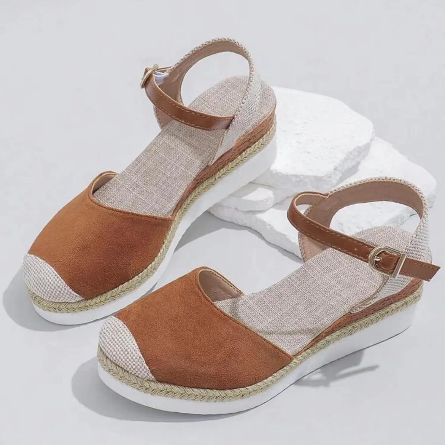 ZWRXW Orthopedic Platform Wedge Sandals for Women Arch Support Closed Toe Platform Sandals Dressy Summer Buckle Ankle Strap Espadrilles Wedge Sandals Comfortable Outdoor Shoes