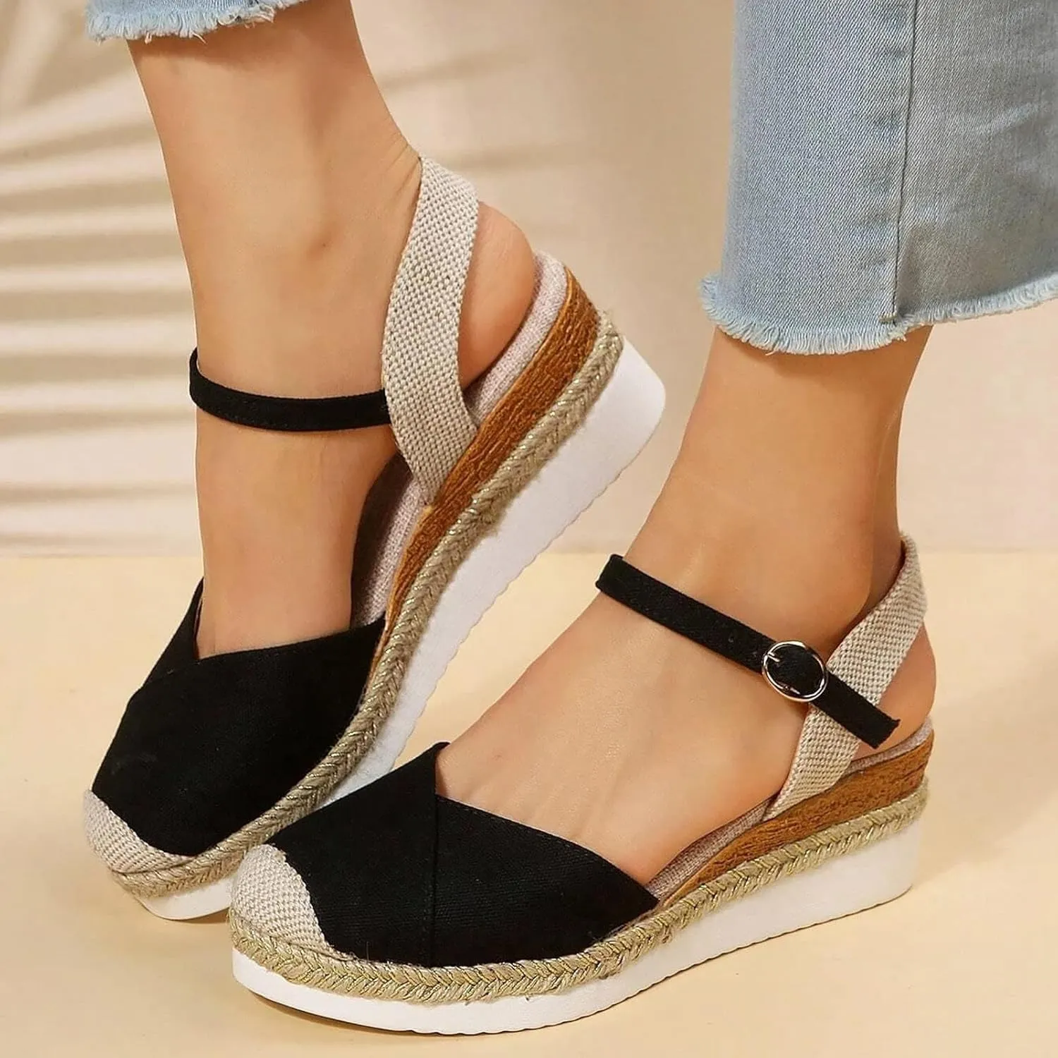 ZWRXW Orthopedic Platform Wedge Sandals for Women Arch Support Closed Toe Platform Sandals Dressy Summer Buckle Ankle Strap Espadrilles Wedge Sandals Comfortable Outdoor Shoes