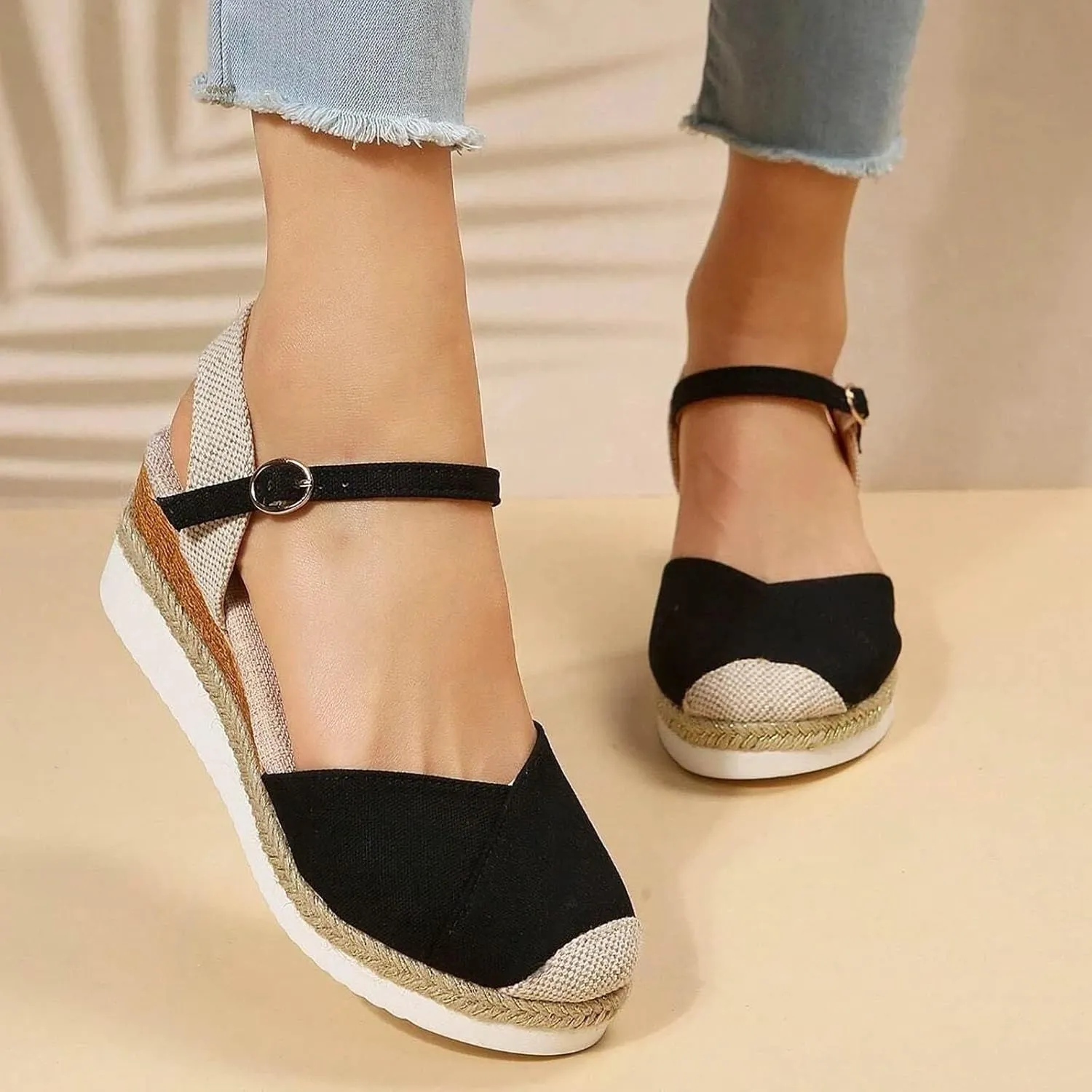 ZWRXW Orthopedic Platform Wedge Sandals for Women Arch Support Closed Toe Platform Sandals Dressy Summer Buckle Ankle Strap Espadrilles Wedge Sandals Comfortable Outdoor Shoes