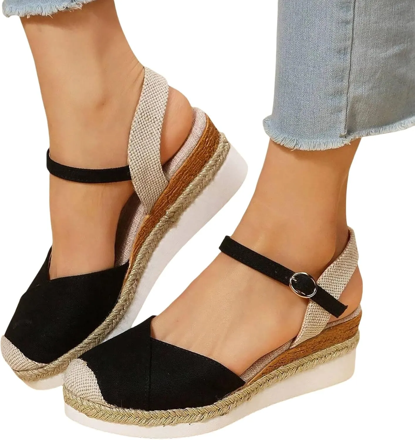 ZWRXW Orthopedic Platform Wedge Sandals for Women Arch Support Closed Toe Platform Sandals Dressy Summer Buckle Ankle Strap Espadrilles Wedge Sandals Comfortable Outdoor Shoes